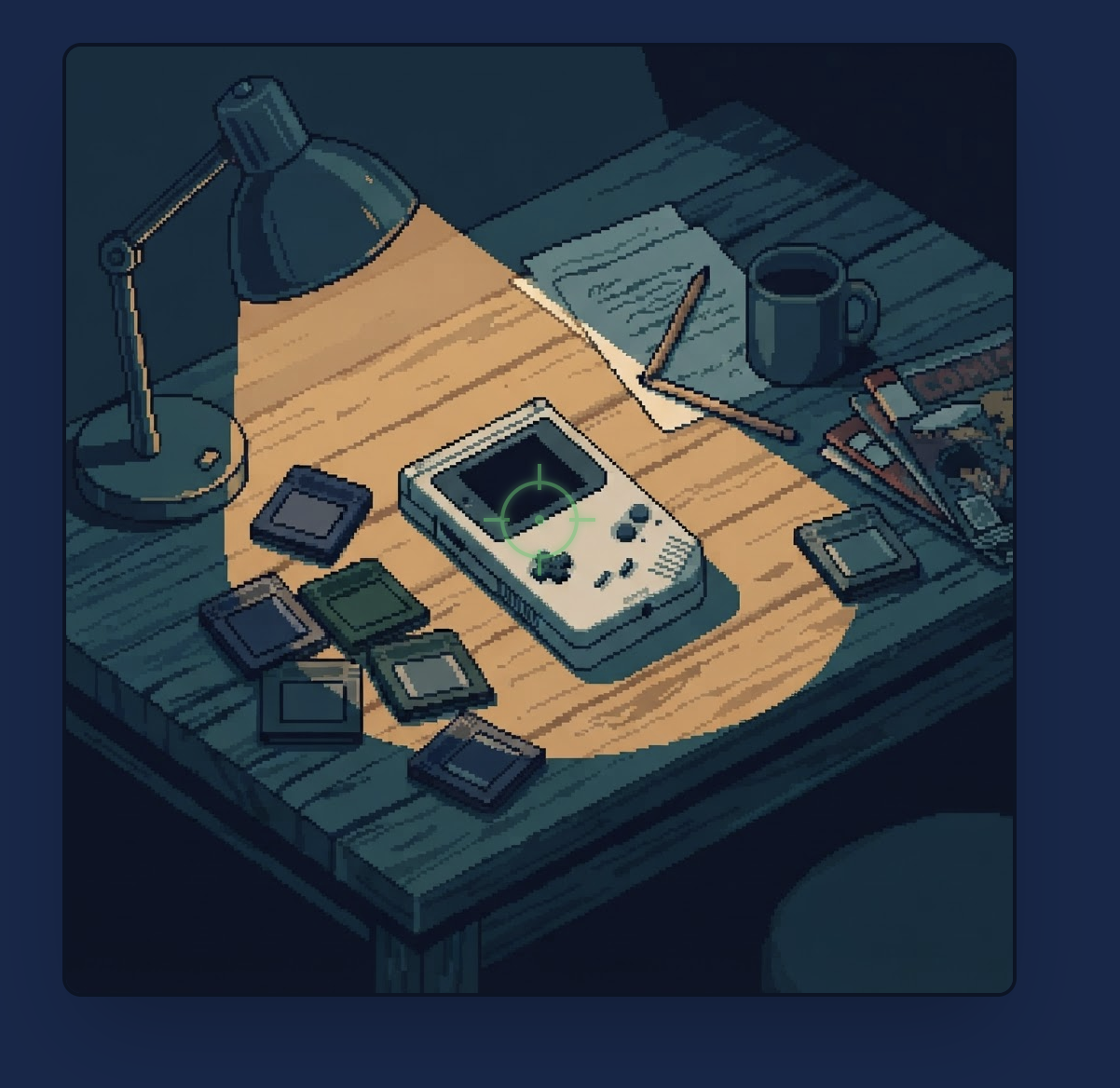 Pixel-Art-Schreibtisch bei Nacht mit einem beleuchteten DAVi-Boy-Handheld und verstreuten Spielmodulen