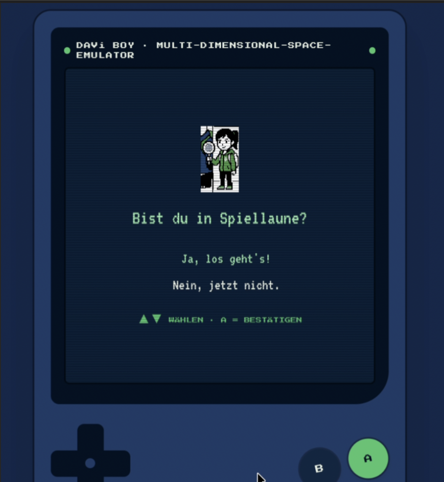 DAVi-Boy-Spielbildschirm mit der Frage „Bist du in Spiellaune?“ im Game-Boy-Stil
