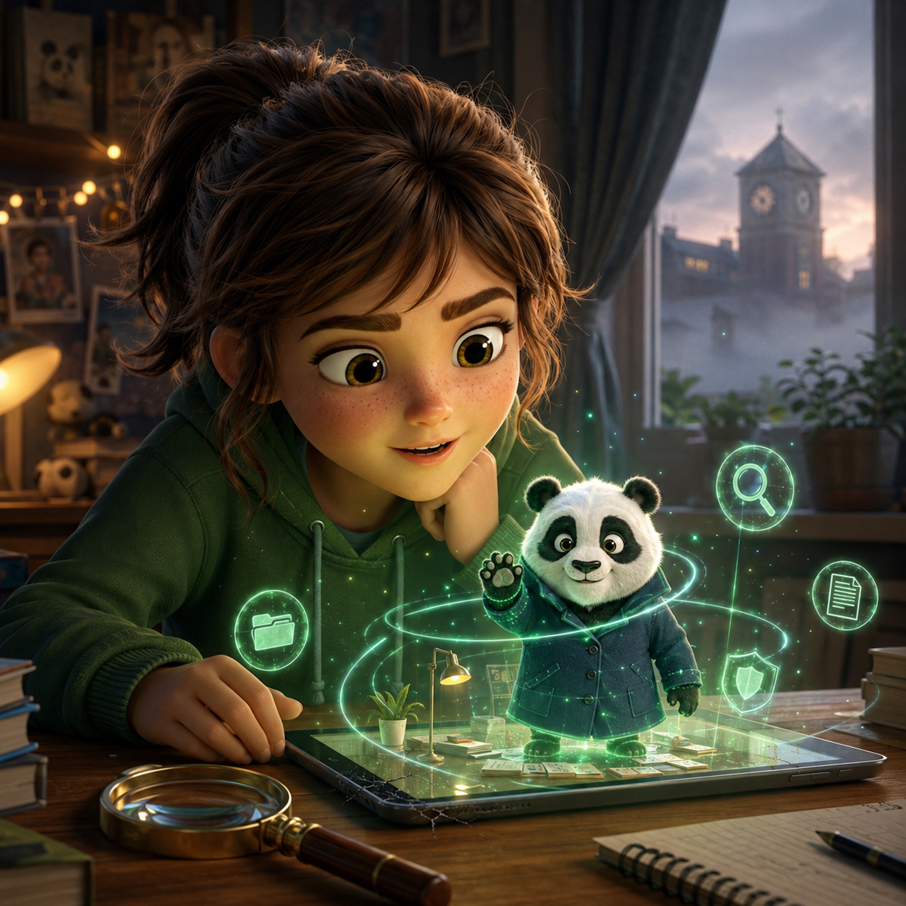 Mia entdeckt den holografischen Panda DAVi über ihrem Tablet