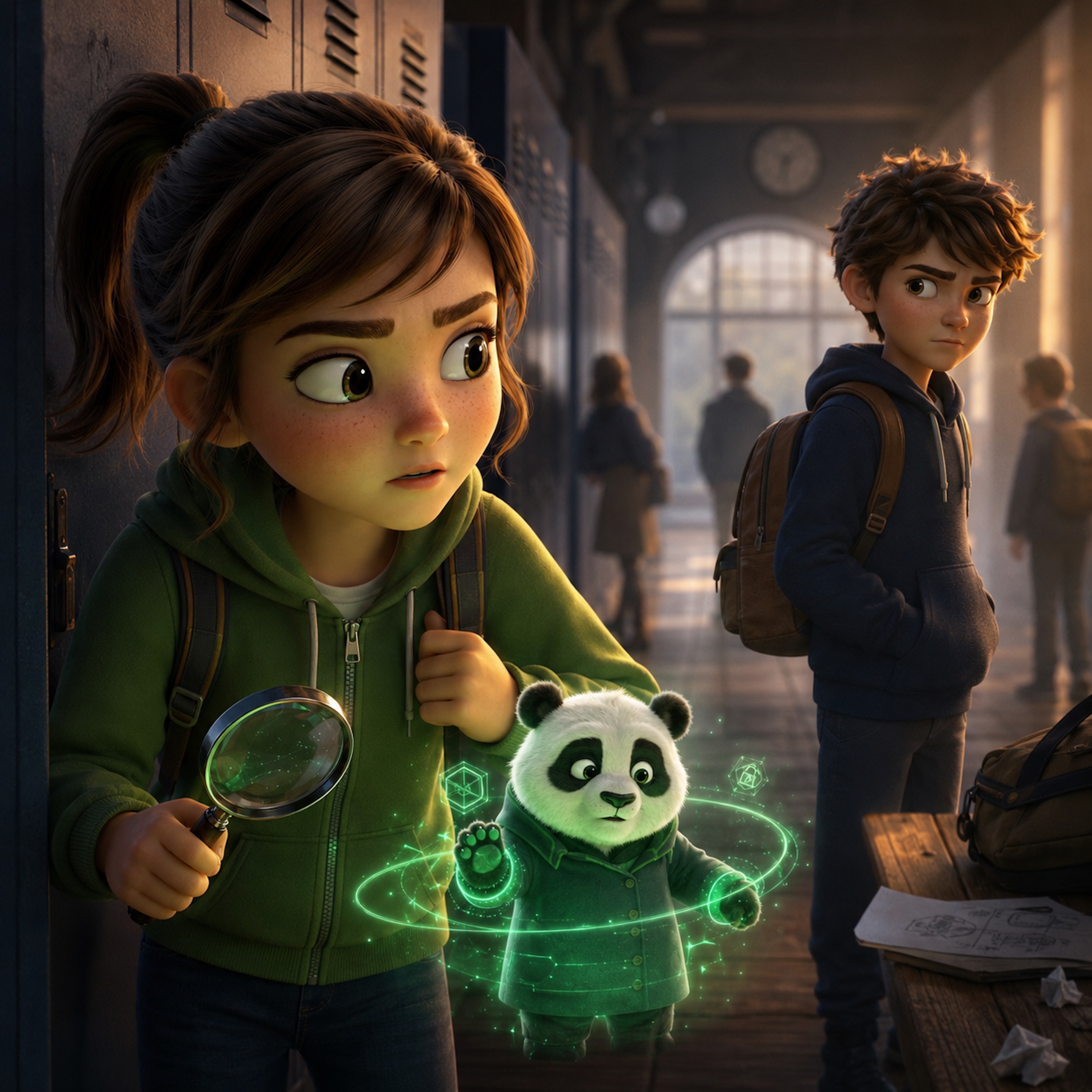 Mia und DAVi im Schulflur, während Luca sie beobachtet