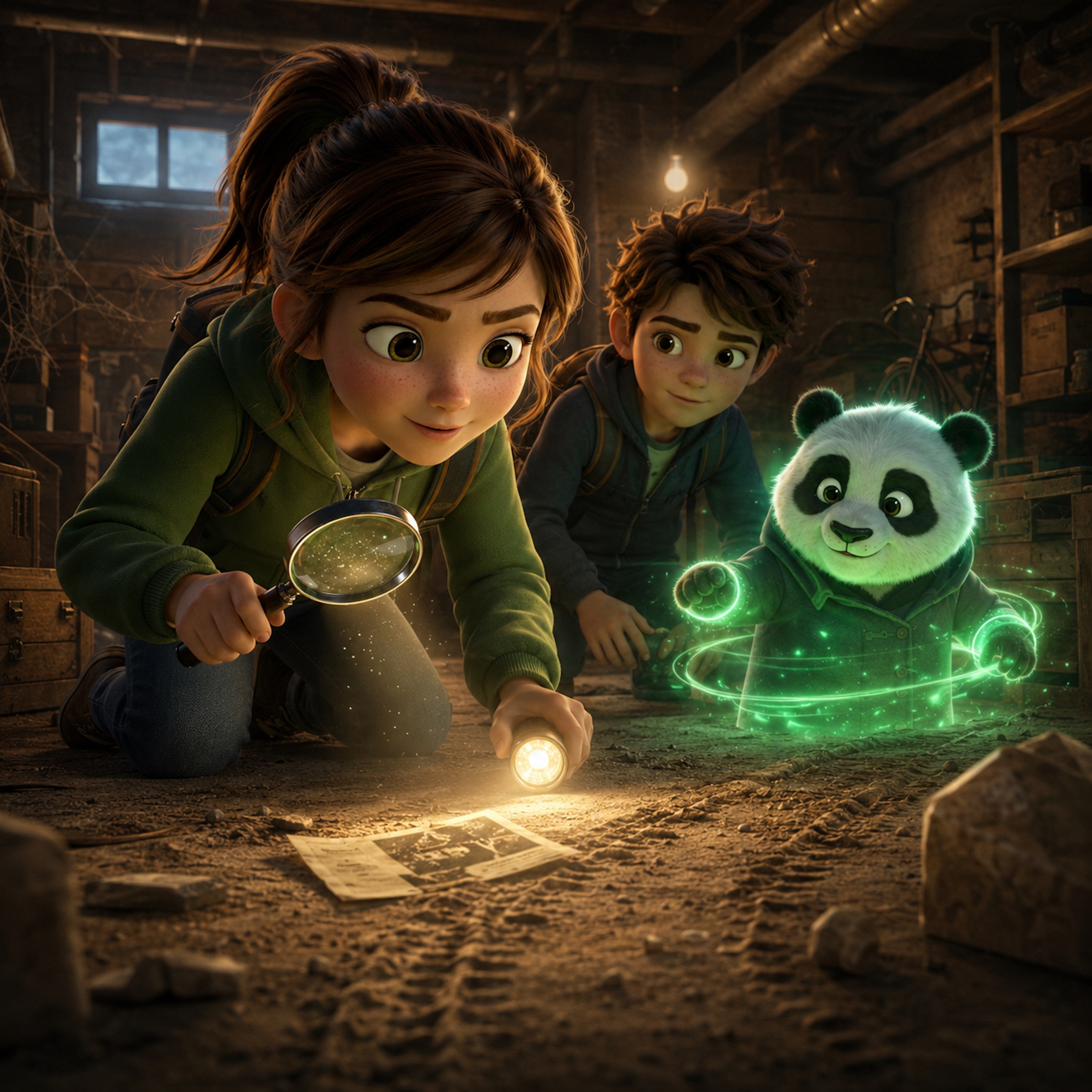 Mia, Luca und DAVi untersuchen mit Lupe und Taschenlampe Spuren im Keller