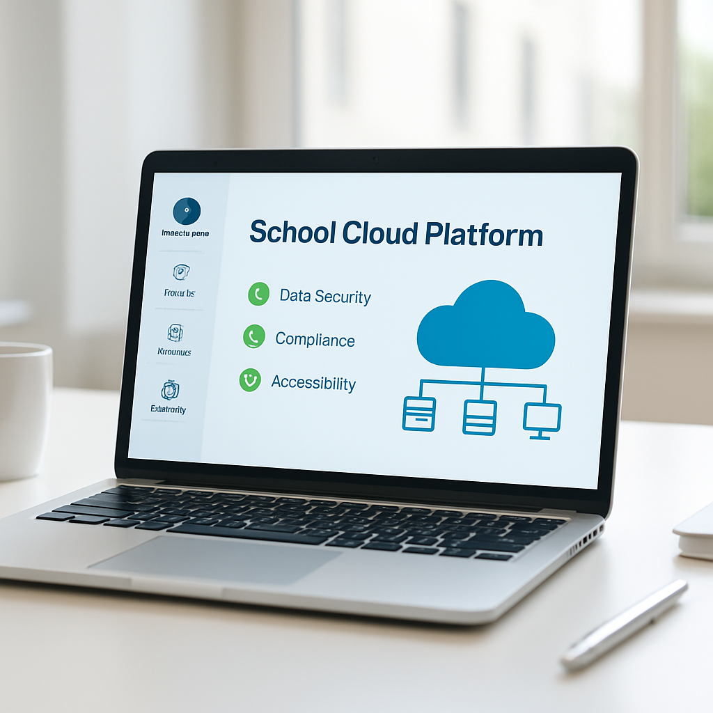 Laptop mit Schul-Cloud-Dashboard und grünen Compliance-Haken